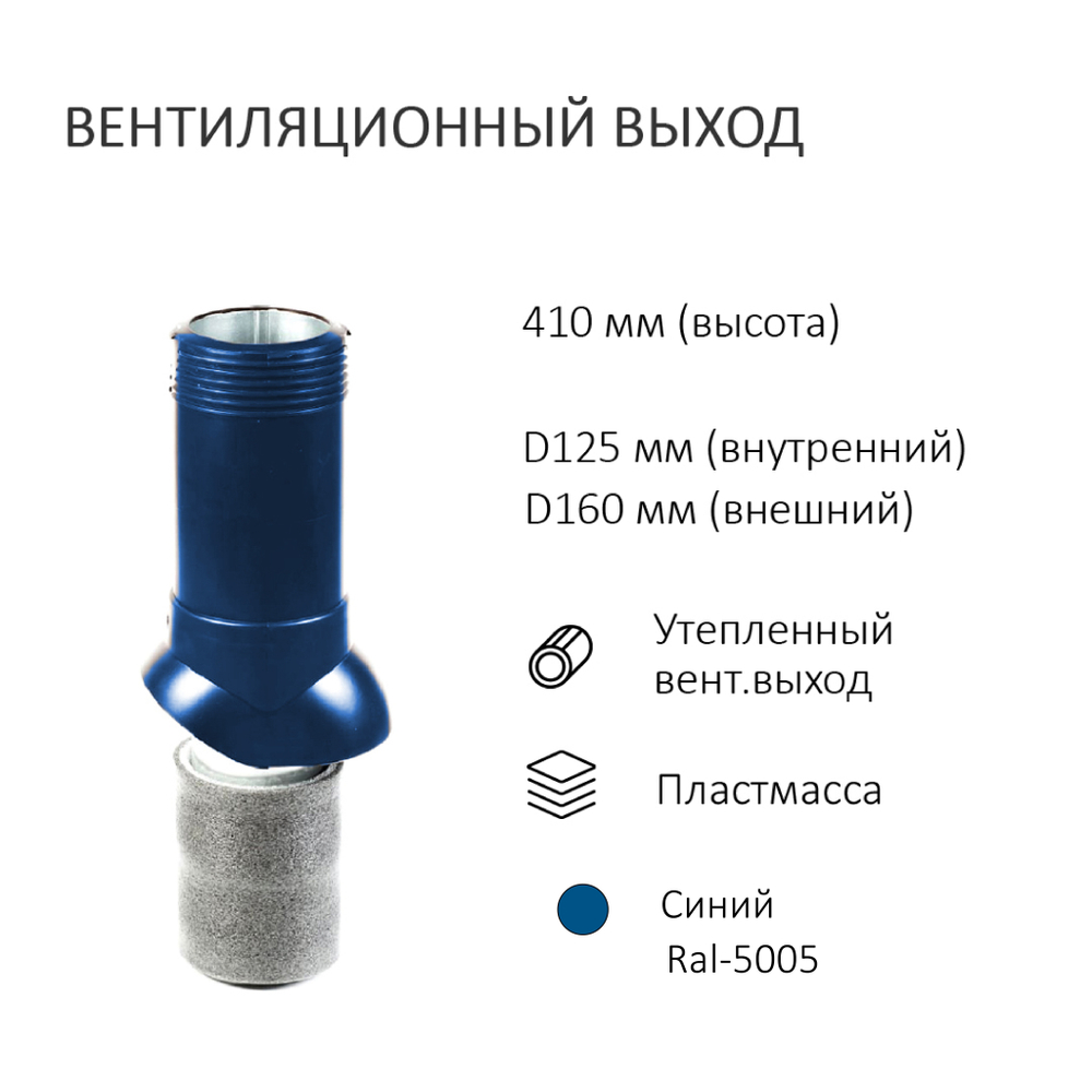 Комплект вентиляции: Вентиляционный выход изолированный D125/160 утепленный высота H=500 мм, проходной элемент ТР-87/К для скатной кровли металлочерепицы Каскад, колпак вентиляционный D160 мм, переход на канализационную трубу D110 с вентиляционного выхода 125/160 без уплотнения, синий