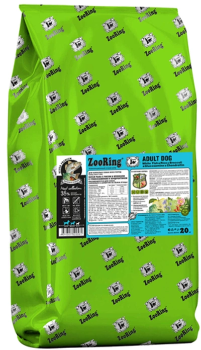 ZOORING ADULT Dog WHITE FISH / RICE сухой корм для взрослых собак Средних и Крупных пород с глюкозамином и хондроитином(Зооринг БЕЛАЯ РЫБА / РИС / БРОККОЛИ )20 кг)