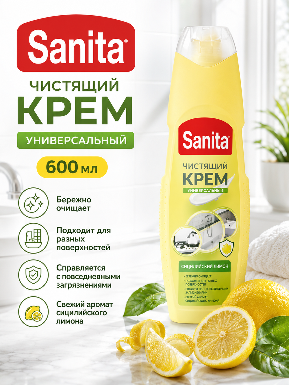 Чистящее средство универс.крем Sanita Сицилийский лимон 600мл