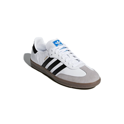 alt="adidas Samba OG Cloud White Core Black B75806 мужские кроссовки белые с черными полосками и gum-подошвой вид сбоку на белом фоне"