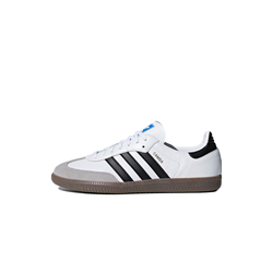 alt="adidas Samba OG Cloud White Core Black B75806 мужские кроссовки белые с черными полосками и gum-подошвой вид сбоку на белом фоне"