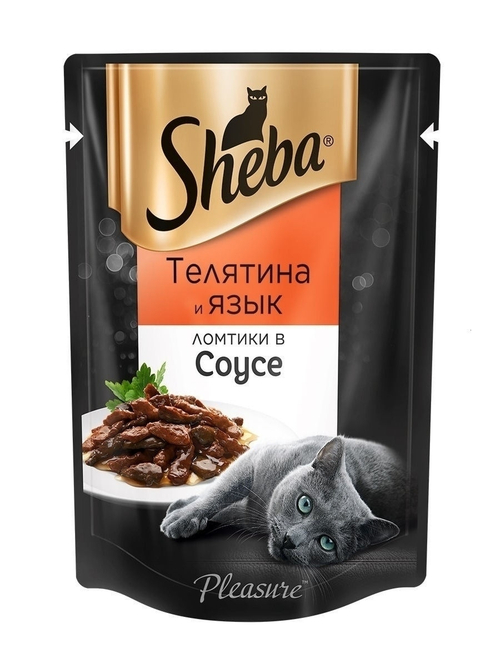 Влажный корм Sheba Pleasure для взрослых кошек, телятина и язык, ломтики в соусе, 85 г
