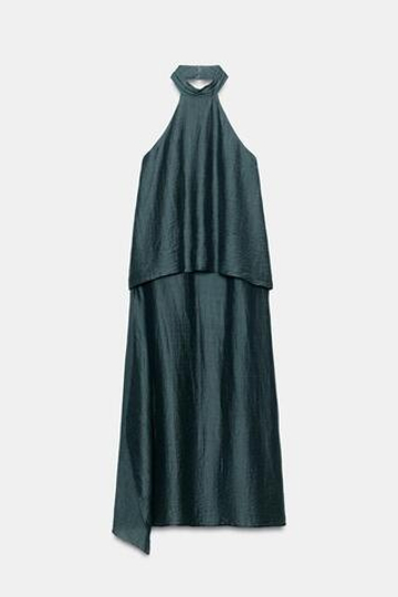 ZARA ЛЬНЯНОЕ ПЛАТЬЕ МИДИ С ГОРЛОВИНОЙ ХАЛТЕР, СВИНЦОВЫЙ