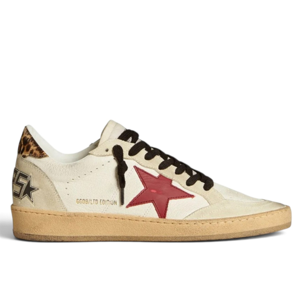 Women's Golden Goose Ball Star Sneakers with Burgundy Star and Leopard Heel Tab