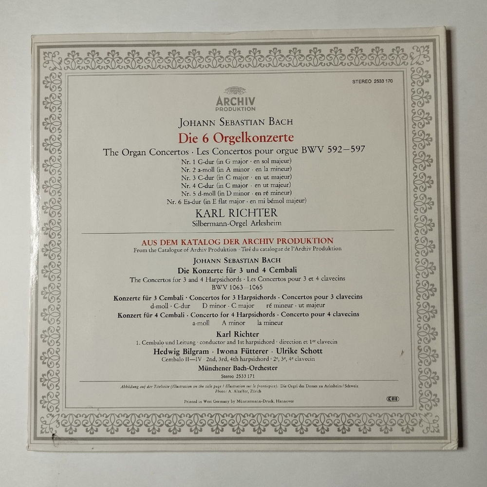 Винтажная виниловая пластинка LP J. S. Bach И.С. Бах, Карл Рихтер Karl Richter Die 6 Orgelkonzerte 6 Органных Концертов, BWV 592 597 (Germany 1974)
