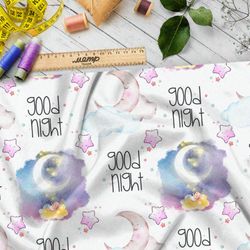 Ткань кулирная гладь акварельное ночное небо с ярким месяцем
