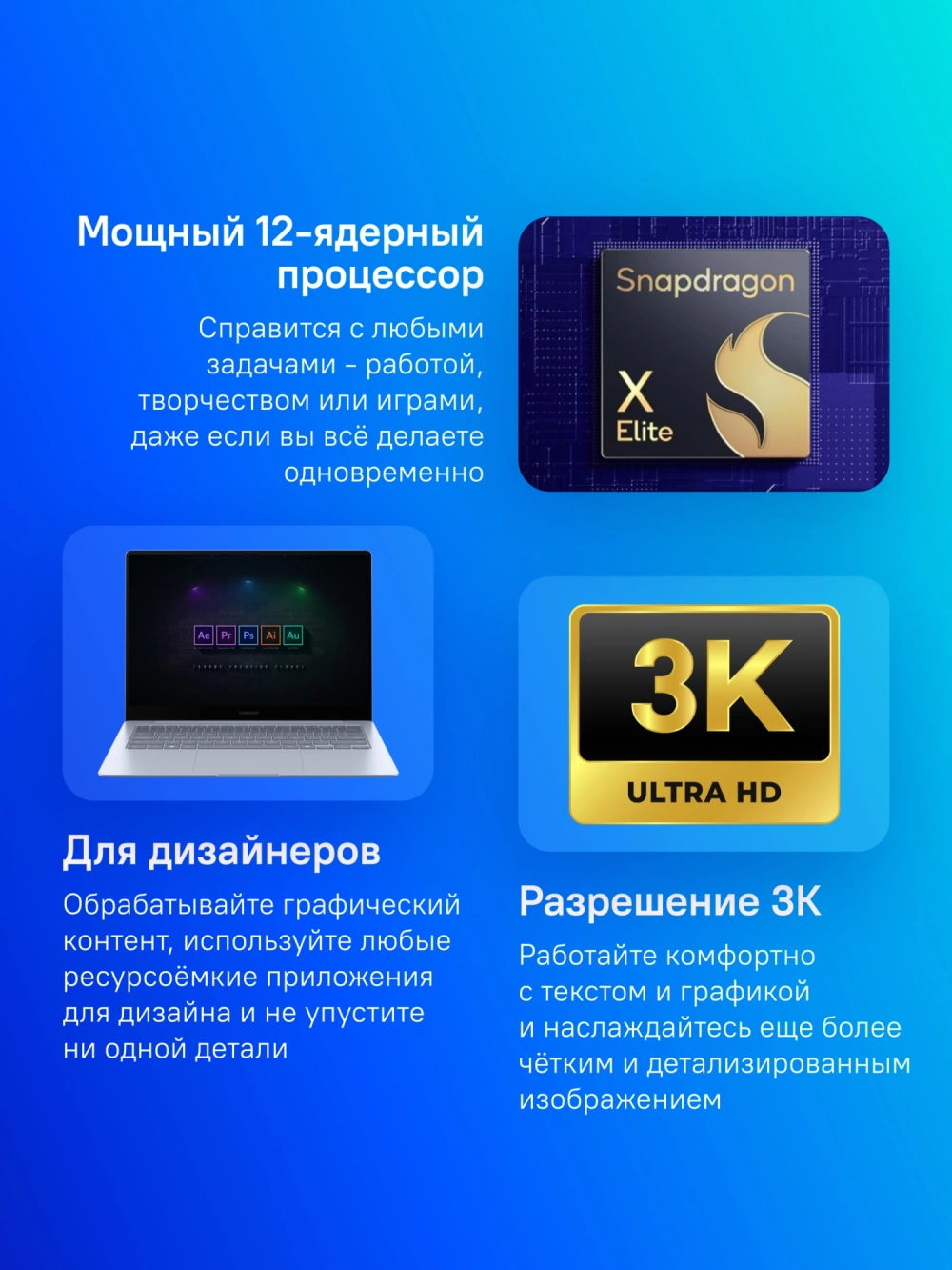 Ноутбук Samsung Galaxy Book 4 Edge NP940 Snapdragon X Elite X1E-80-100 16Gb SSD512Gb Qualcomm Adreno 14" AMOLED Touch 3K (3200x1800) Windows 11 Home l.blue WiFi BT Cam (NP940XMA-KB1US)