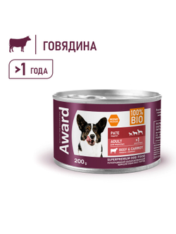 Влажный корм AWARD для взрослых собак паштет из говядины с морковью 200г