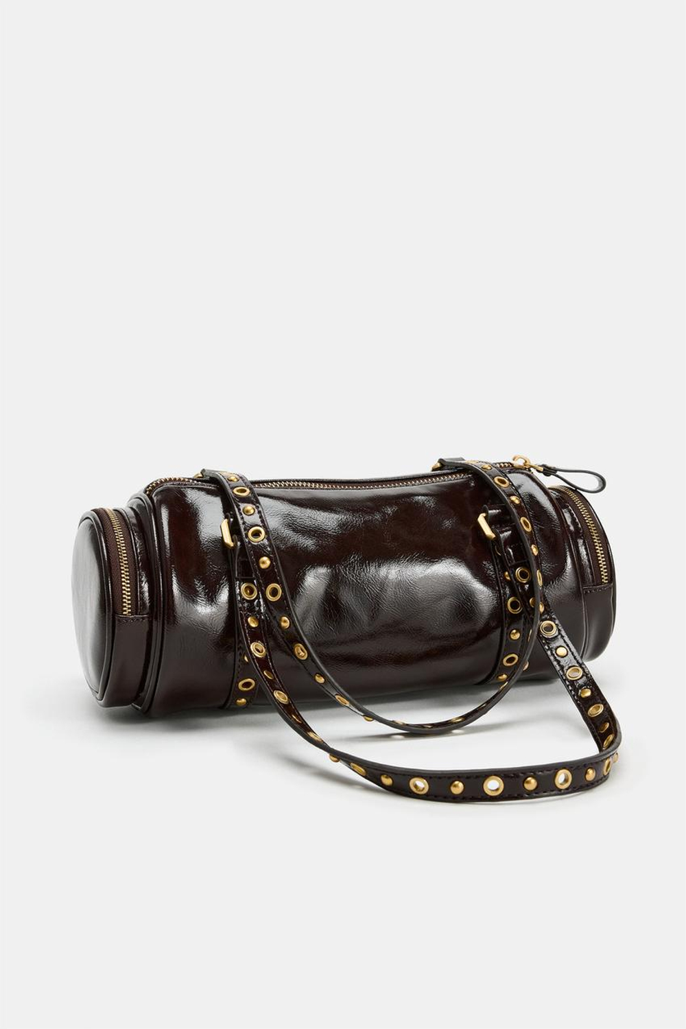 ZARA СУМКА-БОУЛИНГ С ЗАКЛЕПКАМИ, БОРДОВО-КРАСНЫЙ