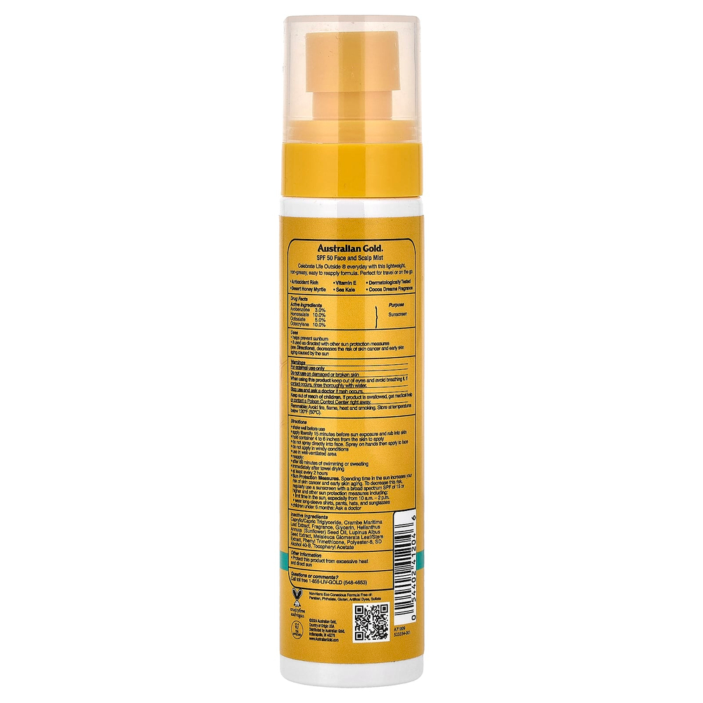 Australian Gold, Face and Scalp Mist, SPF 50, 3.4 fl oz (100 ml)
