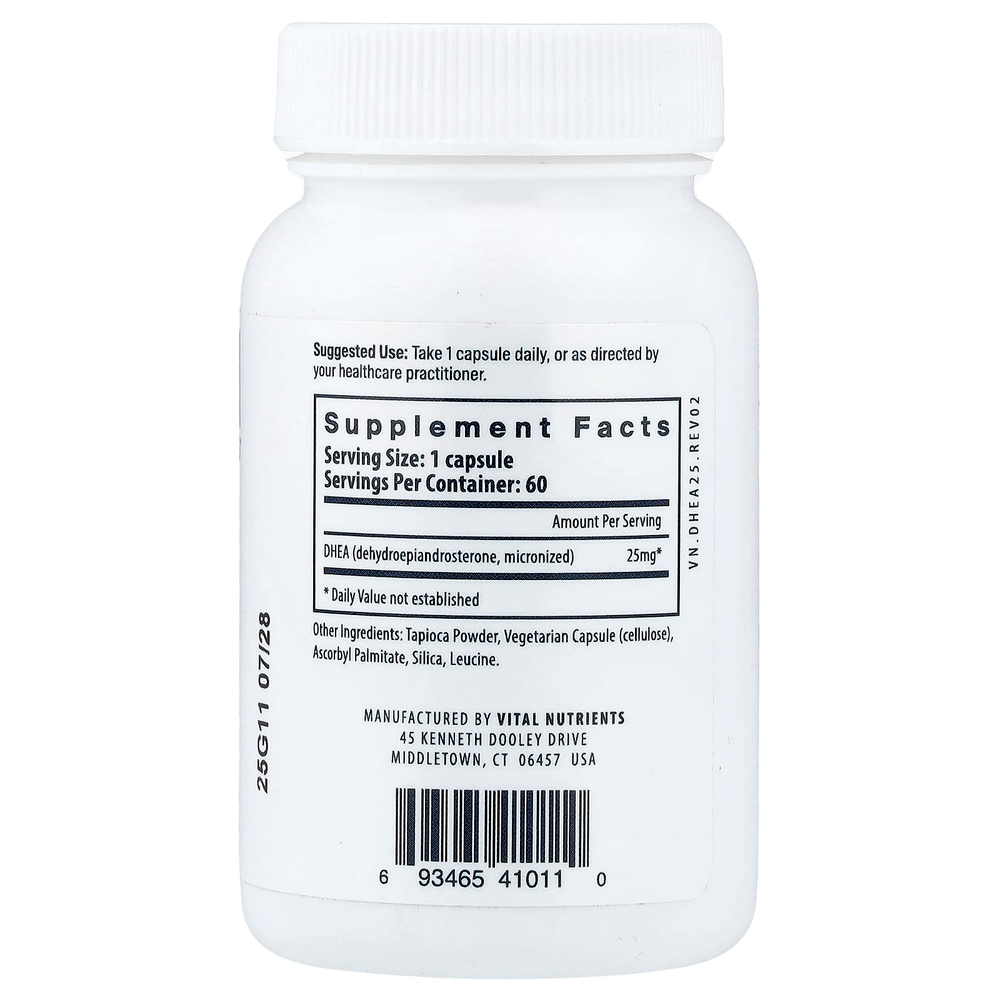 Vital Nutrients, ДГЭА (микронизированный), 25 мг, 60 веганских капсул