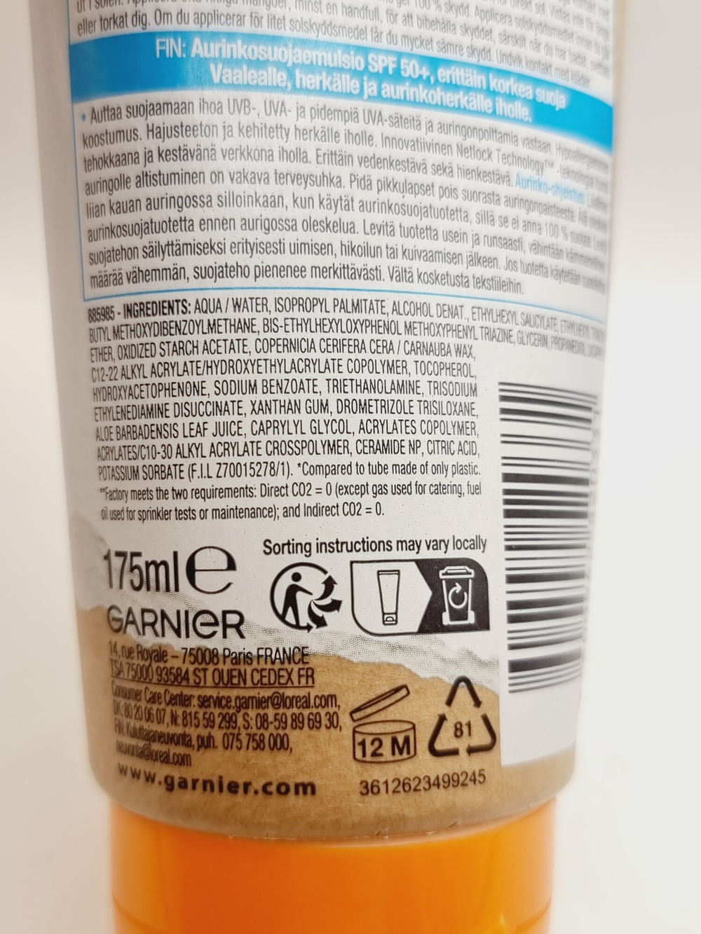 Солнцезащитное молочко Garnier Ambre Solaire Sensitive Advanced с керамидами SPF 50+ 175 мл (из Финляндии)
