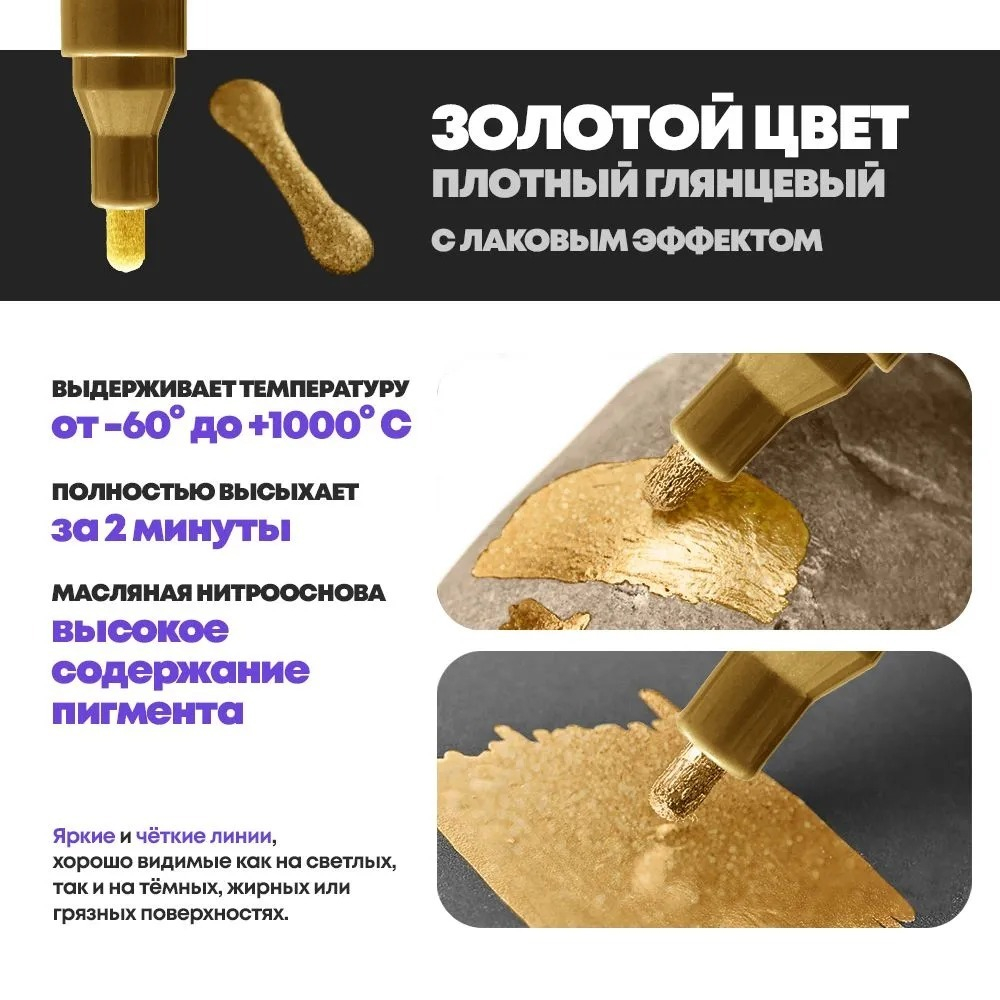 Маркер-краска перманентный золотой, набор 2 шт, MC-Basir, несмываемый лаковый водостойкий фломастер строительный (по металлу, пластику, стеклу), для граффити и теггинга, наконечник 5 мм