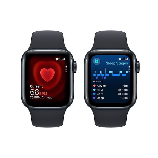 Умные часы Apple Watch SE 2024 44 мм из алюминия цвета «тёмная ночь», спортивный ремешок «тёмная ночь» (M/L)