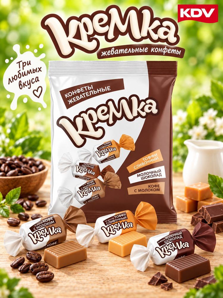 Жевательная конфета Кремка ассорти  молочная, кофе с молоком, тоффи  0.5  флоу-пак   ТМ КДВ