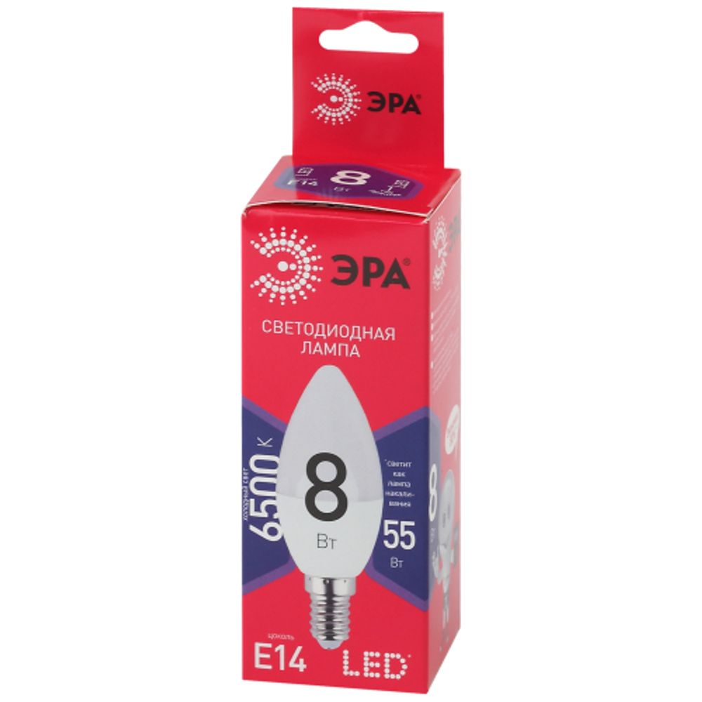 Лампа светодиодная ЭРА RED LINE LED B35-8W-865-E14 R 8Вт свеча холодный дневной свет Е14 | Лампы cветодиодные Свеча (B/C)