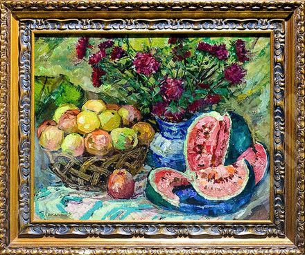 Кончаловский Пётр Петрович (?). Натюрморт. Фрукты на яркой скатерти. Фанера, масло, 1944