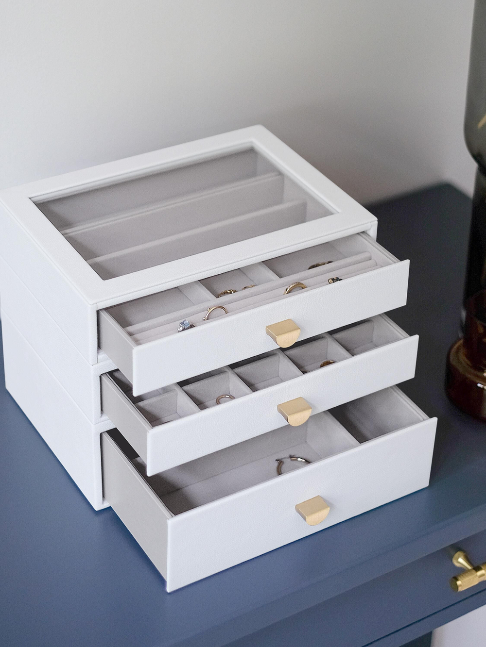 Органайзер для украшений и часов со стеклянной крышкой Stackers Classic Jewellery Box, 3 секции - White Pebble