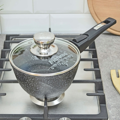 Ковш 1,2л Гранит black со съемной ручкой и стеклянной крышкой