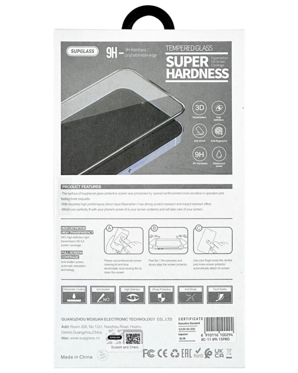 Защитное стекло для i-Phone 15 Pro 6.1" Supglass XC-11 3D чёрное