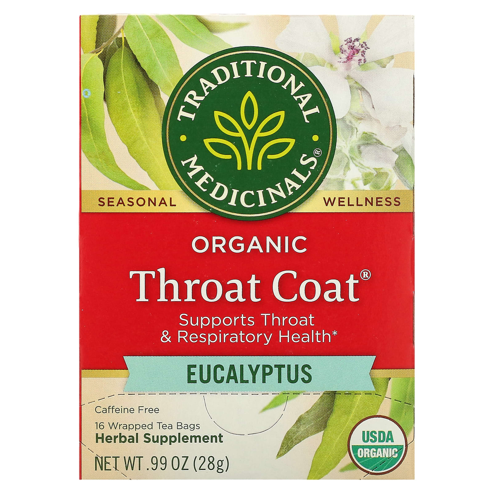 Traditional Medicinals, Organic Throat Cover®, эвкалипт, без кофеина, 16 упакованных чайных пакетиков, 28 г (0,99 унции)