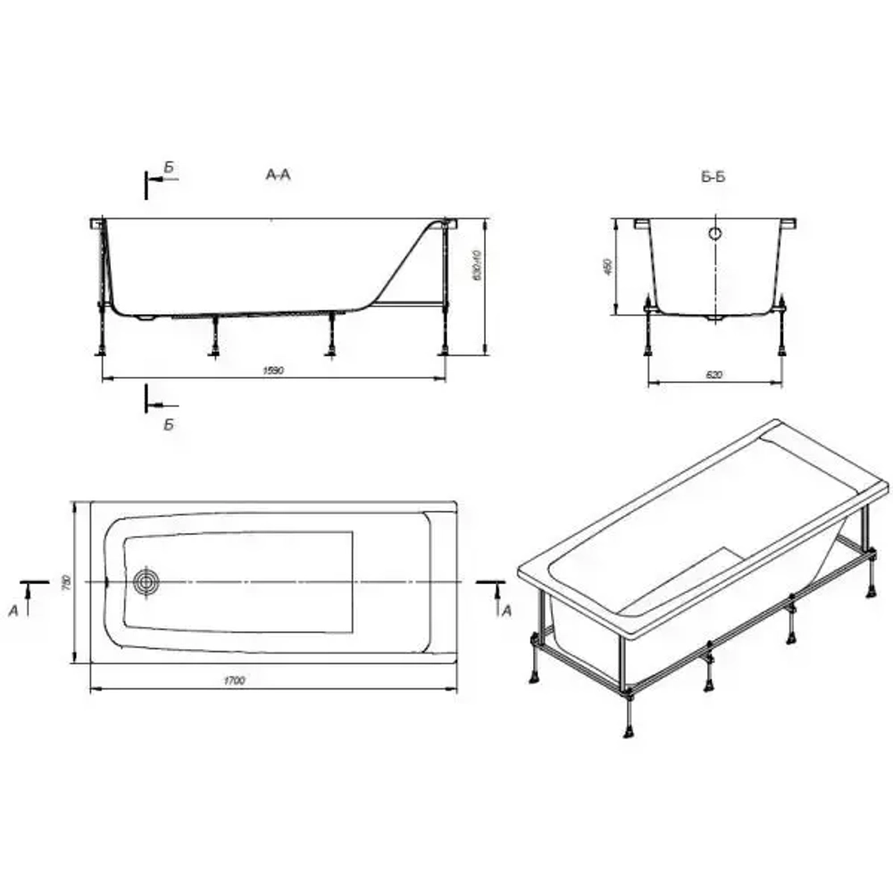 ВАННА АКРИЛОВАЯ ROCA ELBA 170X75  В комплектес каркас