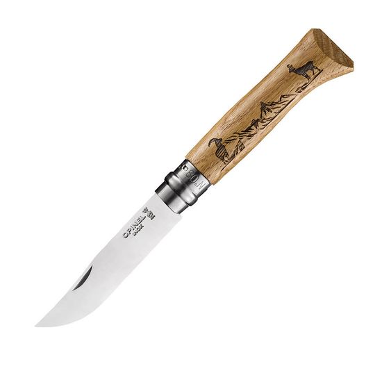 Складной нож Opinel №8, нержавеющая сталь, рукоять дуб, гравировка серна, 002336 c клинком из стали Sandvik™ 12С27