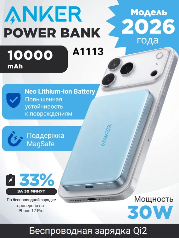 Внешний аккумулятор Anker Nano Power Bank (MagGo, Plus) 10000 mAh A1113 Blue (Голубой)