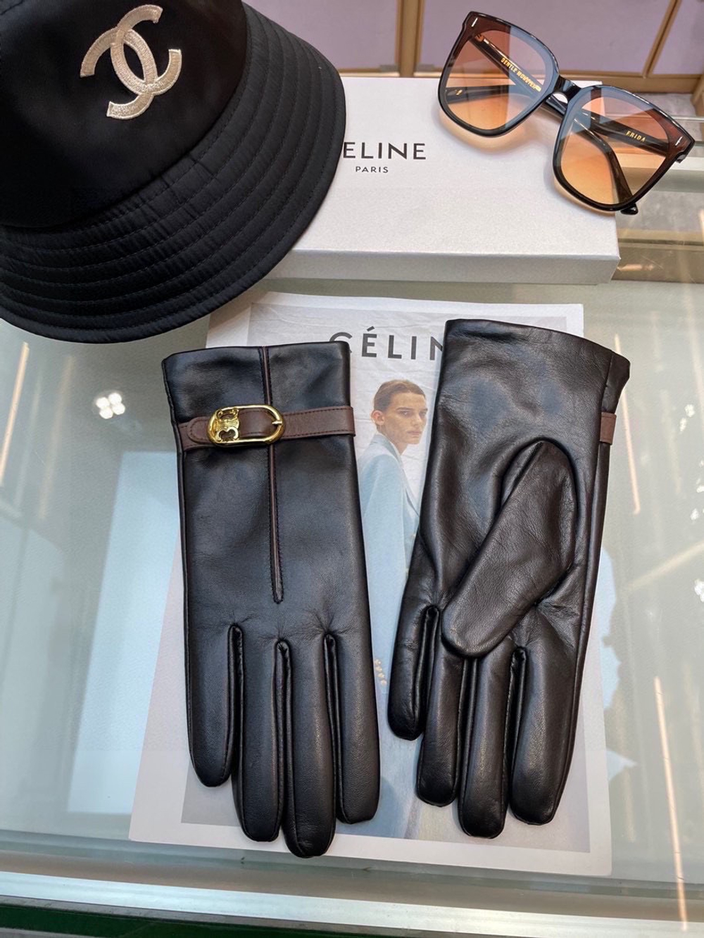 Женские перчатки Celine с ремешком и золотистой пряжкой — фото 2