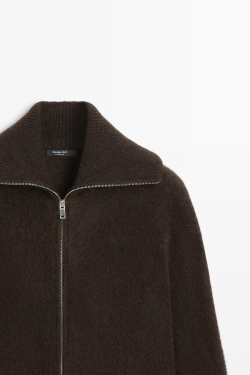 Massimo Dutti Трикотажный кардиган с начёсом и высоким воротником, коричневый