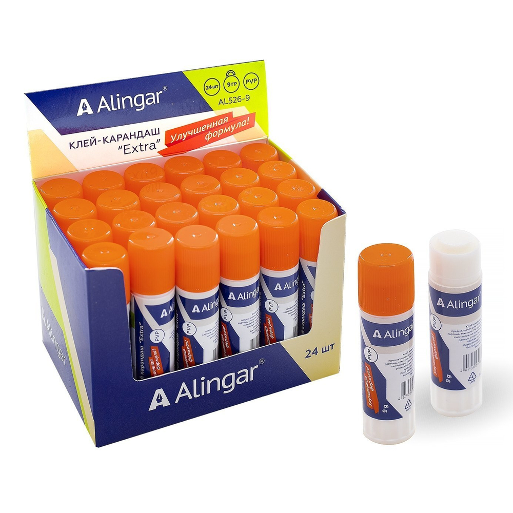 Клей-карандаш Alingar, 9 гр, "Extra", на основе PVP, пластиковый тюбик, 24шт/уп, картонный шоу-бокс