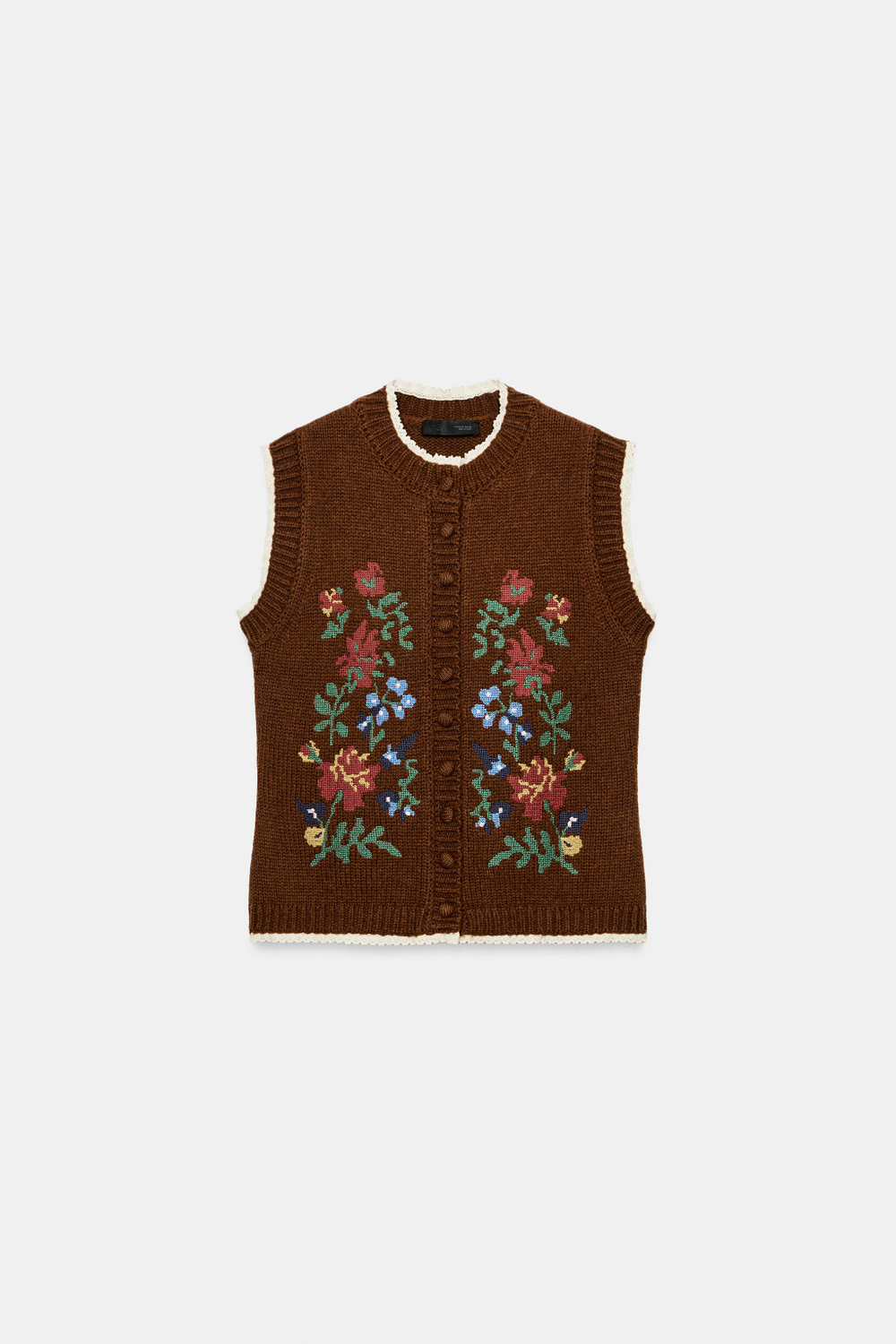 ZARA ЖАККАРДОВЫЙ ЖИЛЕТ С ЦВЕТОЧНЫМ УЗОРОМ, КОРИЧНЕВЫЙ
