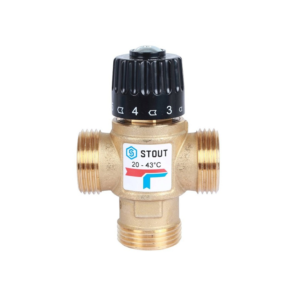 Клапан термостатический смесительный STOUT - 1" (НР, 20-43°C, Kvs 1.6, L-образное смешивание)