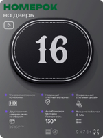 Номерок на дверь квартиры 16, для кабинета, офиса, шильдик 9 х 7 см, черный, Айдентика Технолоджи