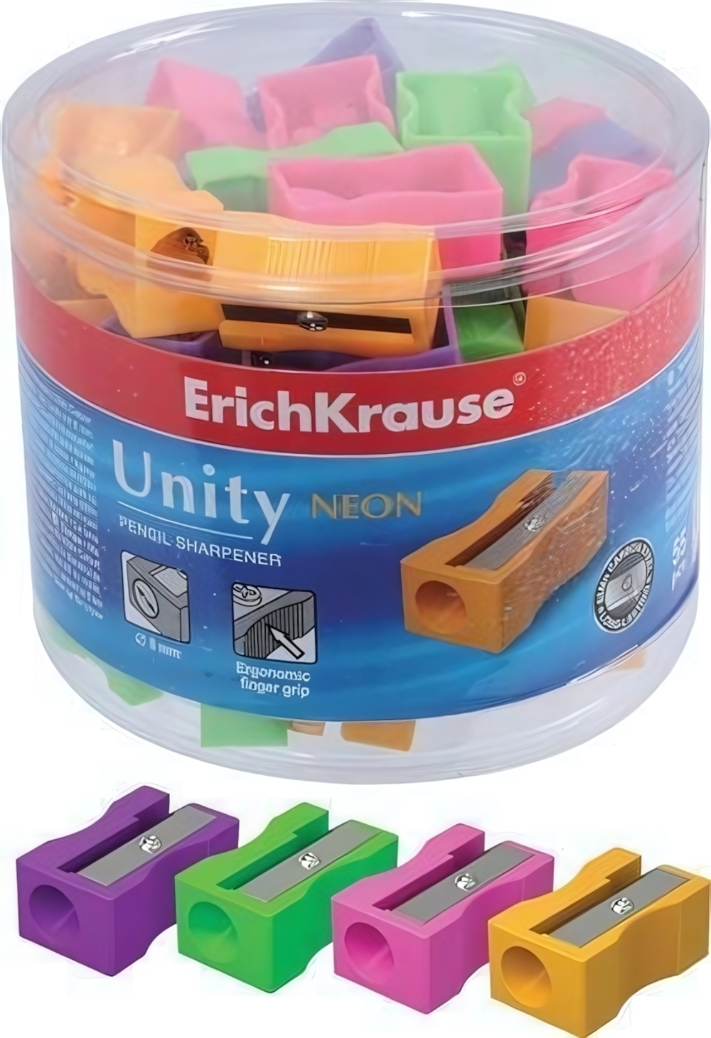 Точилка пластик. "UNITY NEON" одно отверстие в ассорт.(Erich Krause)