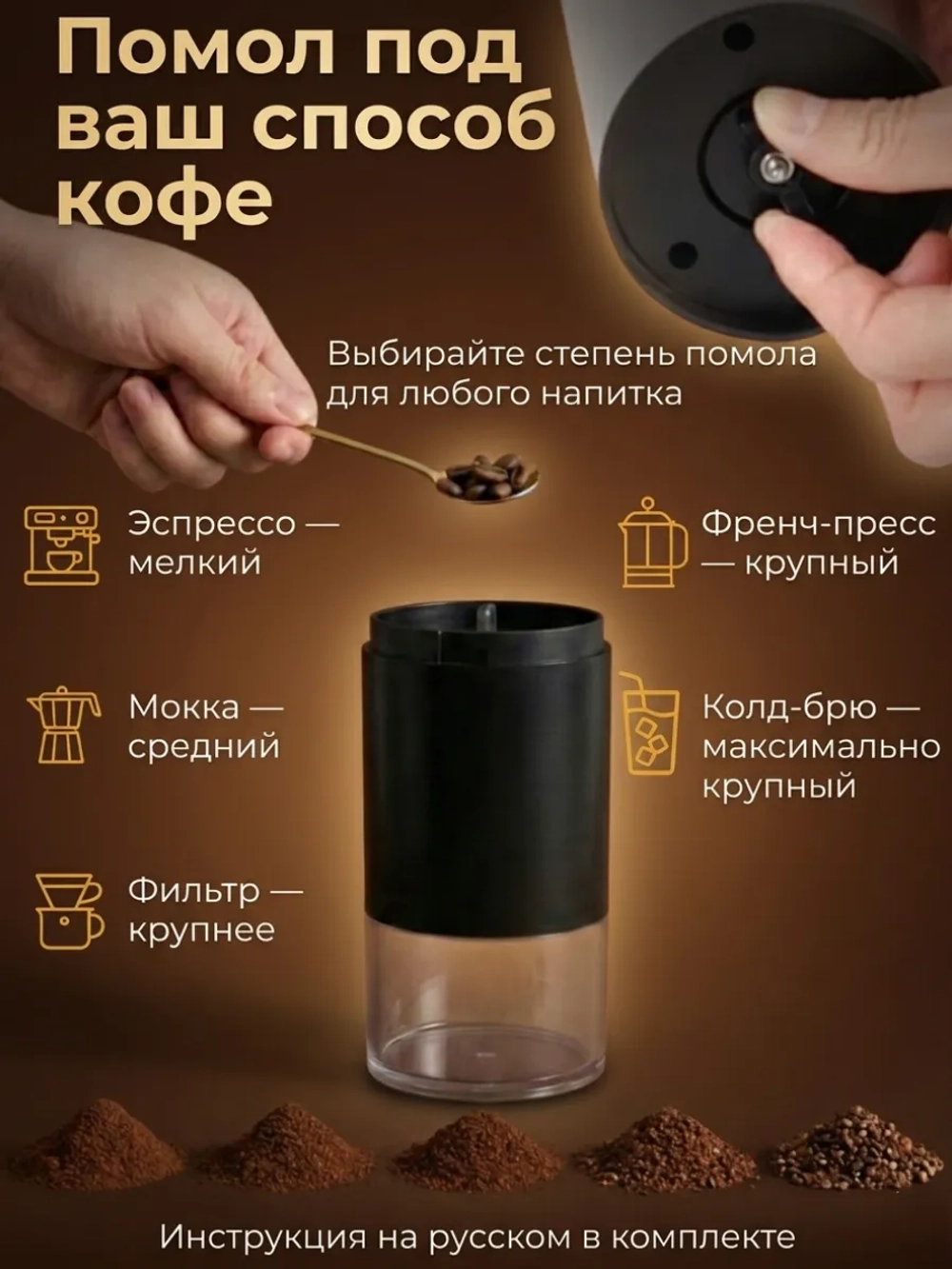 Кофемолка электрическая жерновая портативная мощная для кофе