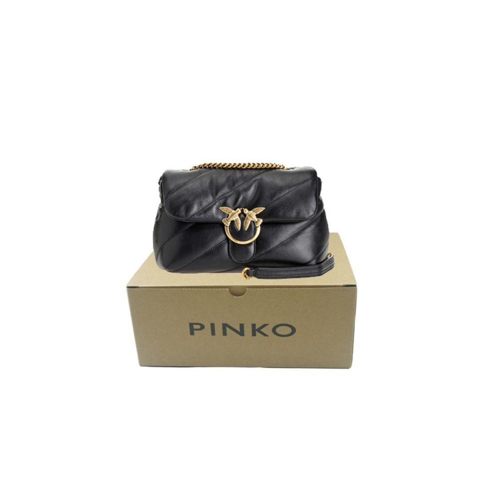 Сумка Pinko Puff Gold Buckle Bird Swallow Logo Chain Shoulder Strap Quilted Sheepskin Pillow Bag Shoulder Messenger Bag Large Women's Black Gold, 1P227J-Y6Y3-Z99