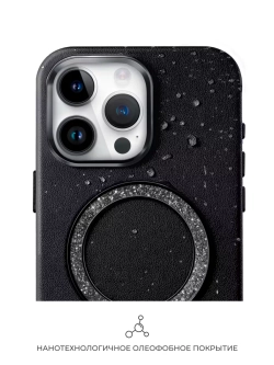 Чехол PYNANA для iPhone 16 Pro, кожа, австрийский хрусталь, полуночно-черный
