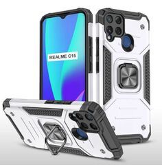 Противоударный чехол для Realme C15 серебро с пластиной для магнитного автодержателя и кольцом подставкой, чехол на Реалми С15 Противоударный чехол для Realme C15 серебро с пластиной для магнитного автодержателя и кольцом подставкой, чехол на Реалми С15