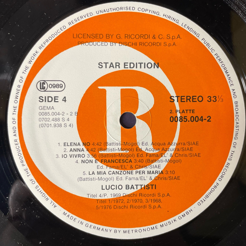 Винтажная виниловая пластинка Lucio Battisti Star Edition (Germany 1978)