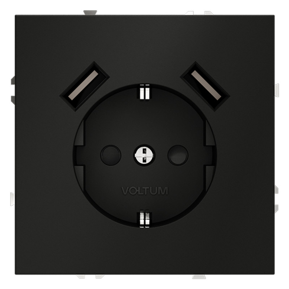 Розетка встраиваемая VOLTUM S70 с заземлением и защитными шторками, 16А, с USB, A+A, (черный матовый)