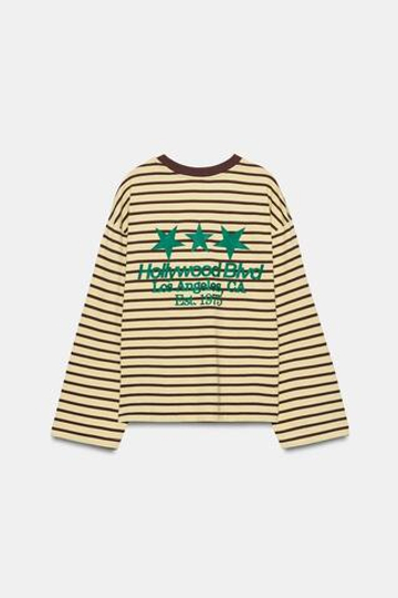 ZARA ФУТБОЛКА В ПОЛОСКУ С НАДПИСЬЮ, ЖЕЛТЫЙ