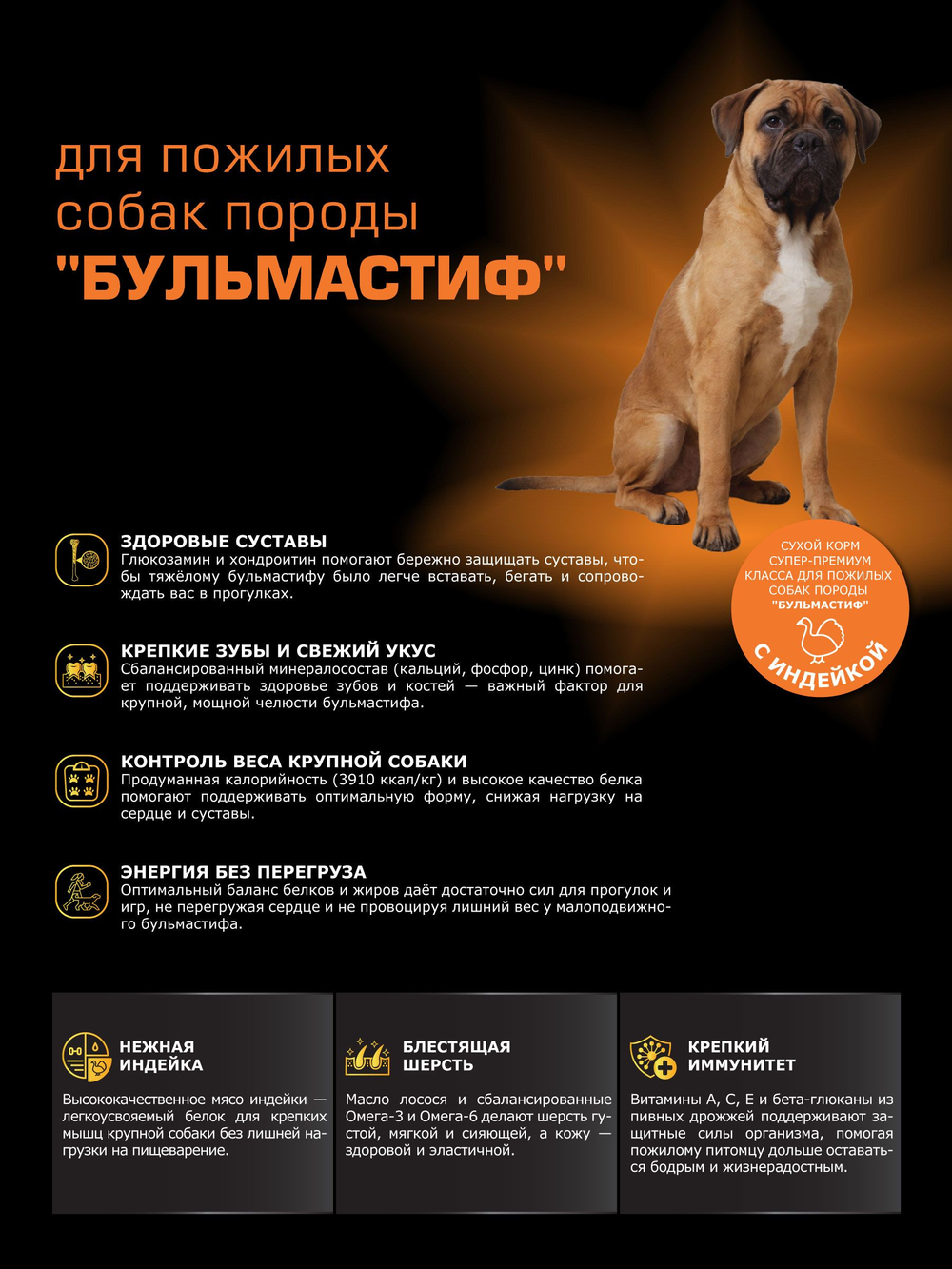 Корм сухой для пожилых собак породы Бульмастиф старше 5 лет, с индейкой, 12 кг, QUATTRO