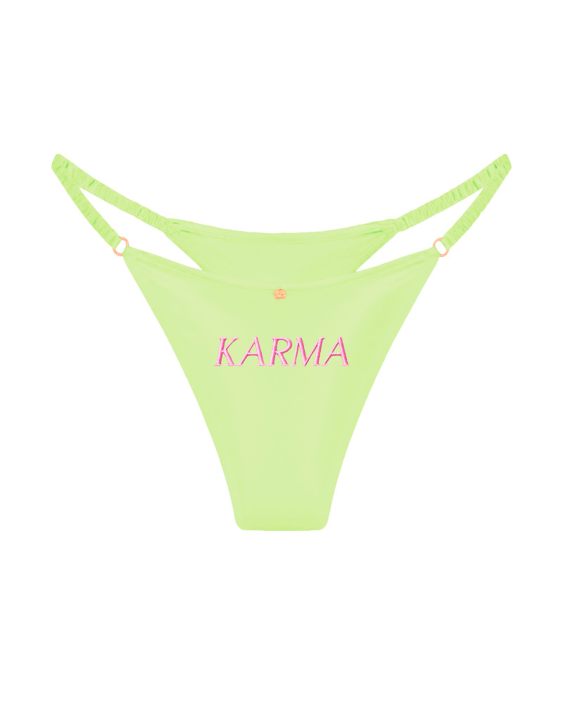 трусы стринги шелковые с надписью Karma салатовые