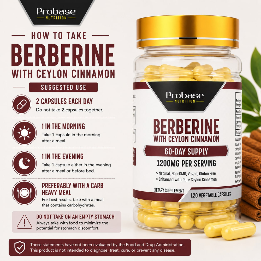 Probase Nutrition, берберин с цейлонской корицей, 120 растительных капсул