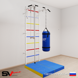 Шведская стенка Sv Sport усиленная 6155 (Турник стандарт/Канат/Трапеция/Цепь/Мешок 15кг/Мат 1м)