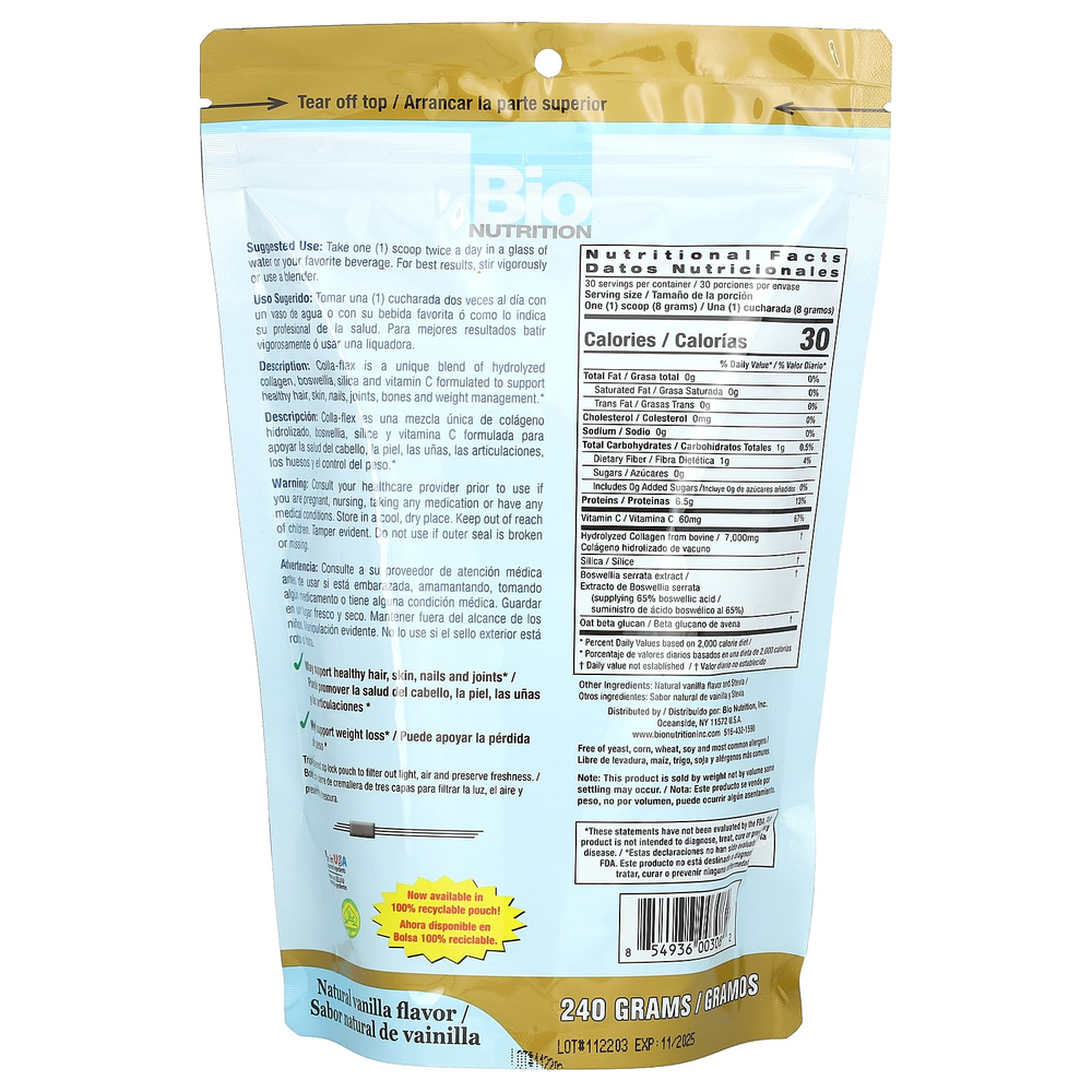 Bio Nutrition, Colla-Flex, гидролизованный коллаген с босвеллией, диоксидом кремния и витамином C, натуральная ваниль, 240 г