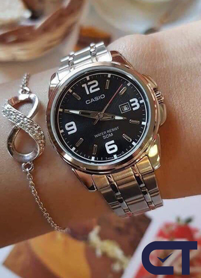 Casio LTP-1314D-1A — женские часы с чёрным циферблатом, датой и неоновым покрытием