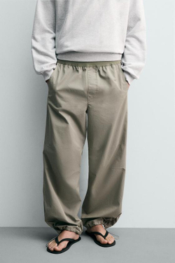 ZARA БРЮКИ-ПАРАШЮТ RELAXED FIT, СВЕТЛЫЙ ХАКИ