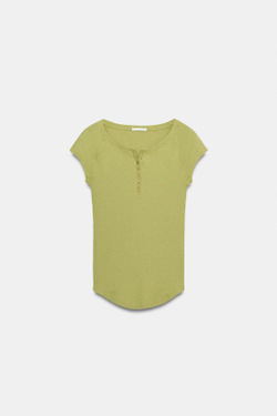 ZARA ФУТБОЛКА С ЛЬНОМ И ПУГОВИЦАМИ, ФИСТАШКОВЫЙ